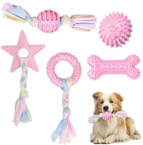 LKPUPKJ Welpenspielzeug mit Ball und Baumwollseilen, 5pcs Welpenspielzeug Set, Kauspielzeug Hunde, Hundespielzeug Welpen für Welpen mit Baumwollseilen, Hundespielzeug, Kauspielzeug für Hunde mit Ball