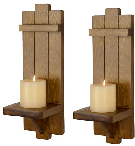 BSTKEY Kerzenhalter aus Holz, Wandmontage, Kerzenleuchter, dekorativer Wand-Stumpenkerzenständer, Bauernhaus-Lampen, für Badezimmer, Wohnzimmer, Braun, 2 Packungen