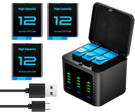 3 batterie da 2580 mAh per Gopro Hero 12/Hero 11/Hero 10/Hero 9 con stazione di ricarica a 3 canali tipo C