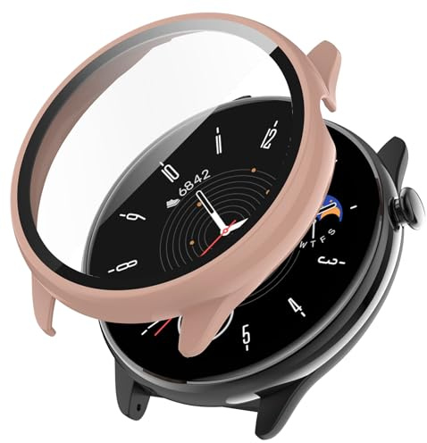 KANOYO Hülle Kompatibel mit Amazfit GTR Mini 43mm Schutzhülle,Integriertes PC + Glasmaterial,Ultradünne HD Hartglas Glas,Kratzfest,Vollständiger Schutz Case (Rosa)