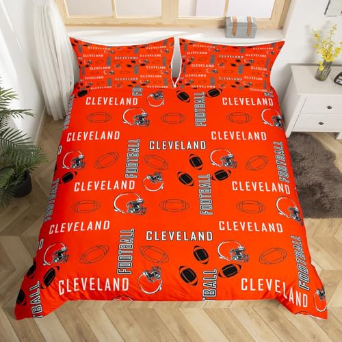 Homemissing Kinder Fußball Bettwäsche Set 155x220cm Cleveland Betten Zimmer Dekor für Jungen Mädchen Teens Schlafzimmer Dekor American Football City Bettbezug Orange Schwarz Bettwäsche-Set