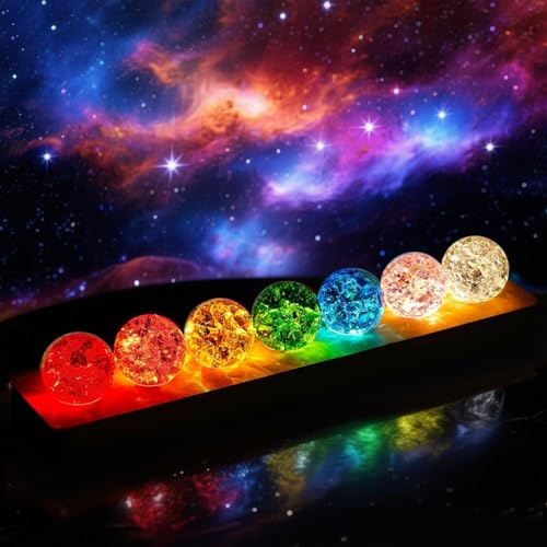 7 Farbige Kristallkugel Nachtlicht 40mm 3D mit LED Holzsockel für Dekora | Glaskugel Lampe zur Dekoration im Wohn und Schlafzimmer, Astronomie-Sternenhimmel Led Glaskugel, Ideal als Geschenk