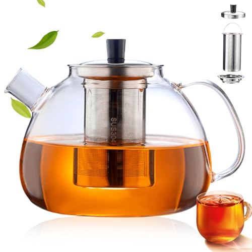 Théière En Verre, 1,5 L Théière En Verre Borosilicate, Theiere Avec Infuseur Amovible En Acier Inoxydable, Théières En Verre Résistant À La Chaleur Pour Brûleur Électrique, Cuisinière À Gaz,Feu Ouvert