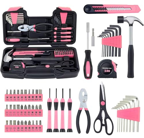 Pink Tool Kit 58 Piece, General Household DIY Tool Kit Set for Women, Girls and Ladies, Home Hand Tool Set with Plastic Toolbox Storage Case