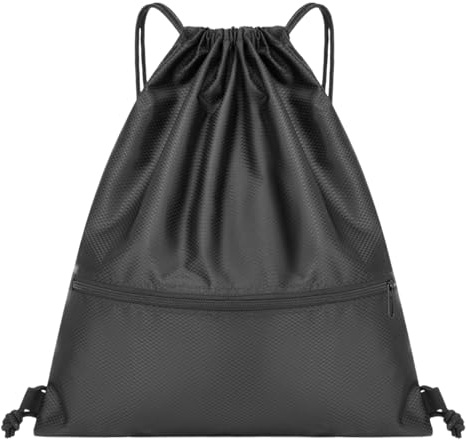 Ziyonix Turnbeutel, 42 x 49 cm Kordelzug Sportbeutel, Gym Bag Aufbewahrungs Rucksackbeutel mit Außenreißverschluss für Fitness Schulturnhalle Reisen Schwimmen Strandurlaub Kinder Erwachsene(Schwarz)
