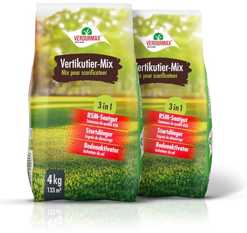 VERDURMAX 2 x 4 kg Vertikutier-Mix 3in1 | RSM Nachsaat mit Startdünger & Bodenaktivator – Rasendünger für schnelle Rasenregeneration nach dem Vertikutieren – dichter,