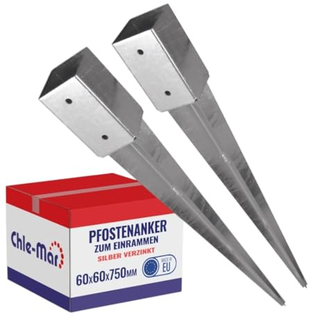 Chle-Mar 2x Pfostenträger Einschlaghülse 60x750 mm, Stabile Bodenhülse | aus Metall 3 mm, für Holzpfosten, Einschlagbodenhülse / Bodenanker / Pfostenanker für Zaun, Pergola & Konstruktionen