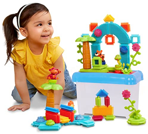 Bristle Blocks 58 Teile Bausteine Dschungel Abenteuer Set Tierfiguren – Bauklötze mit Borsten, Motorikspielzeug – Kinder und Baby Spielzeug ab 2 Jahren
