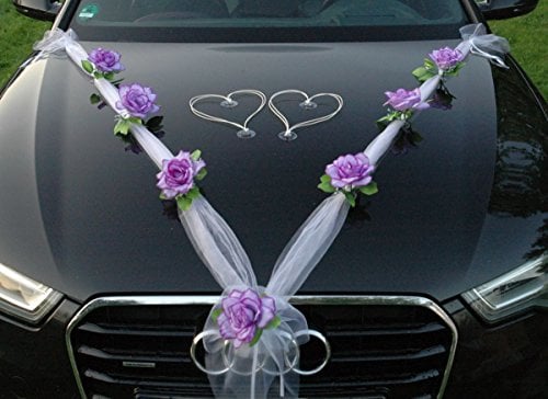 Organza M + Herzen Auto Schmuck Braut Paar Rose Deko Dekoration Autoschmuck Hochzeit Car Auto Wedding Deko Ratan (Lila/Weiß/Weiß)