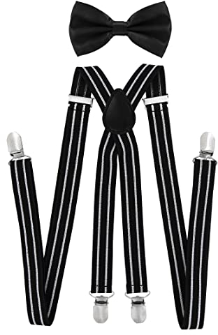 axy® Herren Hosenträger mit Fliege - 4 Starken Clips X-Form (Modell 1 (Hosenträger Breit 2,5cm)+Schwarze Fliege)