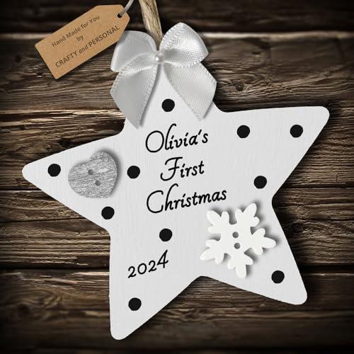 Multi-Colour Personalised Baby's First 1st Christmas Bauble Star tree decoration gift wooden hanging ornament keepsake for boy or girl (White #5)