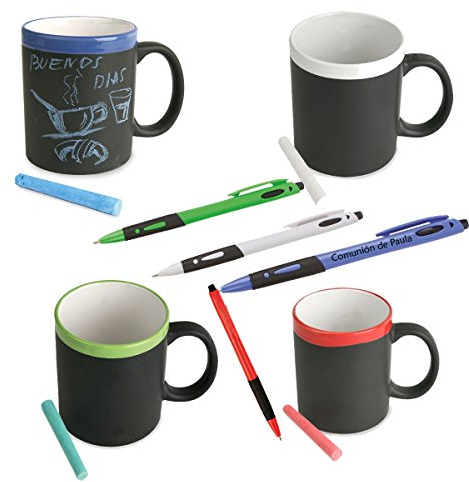 Lote de 10 tazas de pizarra de cerámica con bolígrafo PERSONALIZADO con el texto que quieras. Tazas para regalos de niños y niñas de cualquier evento. Cumpleaños, bodas comuniones