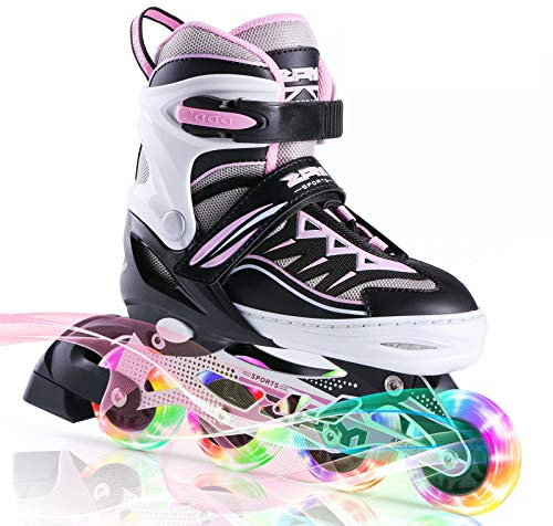 2PM SPORTS Cytia Rosa/Violett größenverstellbare Inliner Kinder mit leuchtenden LED Rollen, lustige blinkende Anfänger Mädchen Inline Skates mit Einstellbarer für Damen und Herren