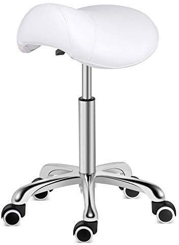 Kaleurrier Sattelhocker, drehbar, höhenverstellbar, mit Rollen, robuster Hocker, ergonomischer Hocker für Labor, Klinik, Zahnarzt, Salon, Massage, Büro und Küche zu Hause (weiß, ohne Rückenlehne)