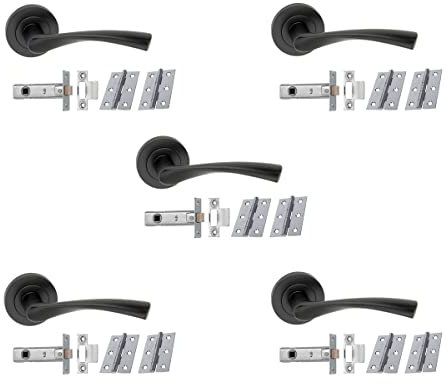 Pack of 5 Twist Matt Black Lever on Rose Door Handle with Latch and Hinges - Internal Use - Infinity Decor®