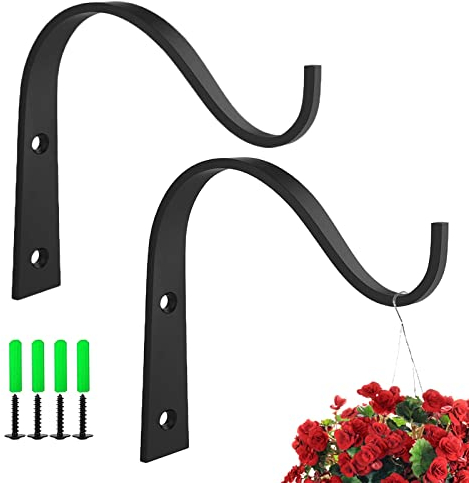 Grantop Hanging Basket Brackets Plant Hook,Metal Outdoor Garden Plant Hanger Wall Hooks,Heavy Duty Iron Ceiling Hook Plant Hanger for Planter,Lantern,Bird Feeders,Wind Chimes (Black-2PCS)