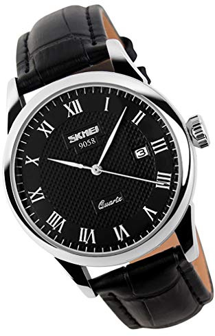 SKMEI Orologio da uomo Business Dress Classic Fashion Casual Pelle nera Quarzo Analogico Impermeabile Calendario Data Luce Semplice Orologi da polso Papà Padri Regali, Cinturino nero + cassa argento +