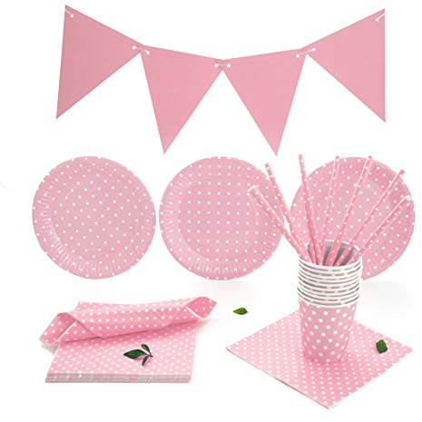 LASE C9 Set 127pcs de Vajilla Desechable para Fiestas de Cumpleaños 30 personas. Incluye Platos, Vasos, Servilleta y Guirnaldas de papel cartón. Material EcoFriendly. (Rosa con Lunares)