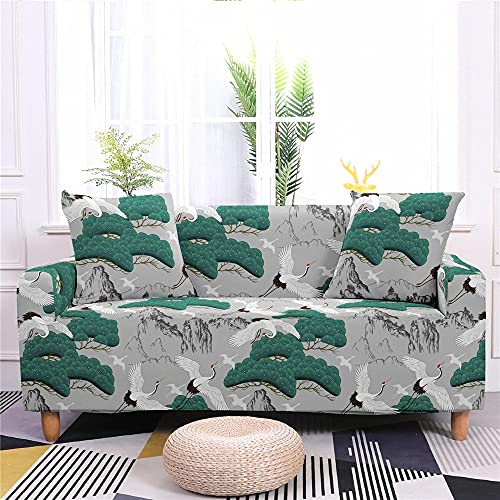 FANSU Stretch Sofabezug Antirutsch Sofaüberwürfe mit Armlehnen, Japanischer Stil Ecksofa L Form Sofa/Couchbezug/Sesselbezug für Wohnzimmer Wohnkultur (Kran,1 Sitzer(90-140cm))