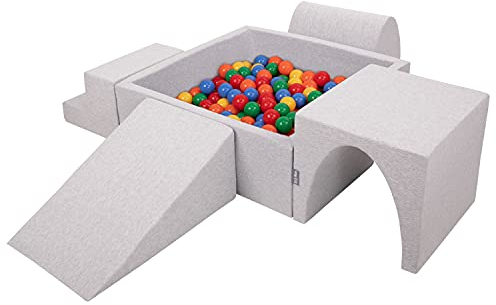 KiddyMoon Spielplatz Aus Schaumstoff Mit Quadrat Bällebad (200 Bälle) Ballgruben Für Babys Spielbad Hindernisläufen, Hergestellt In Der EU, Hellgrau:Gelb/Grün/Blau/Rot/Orange