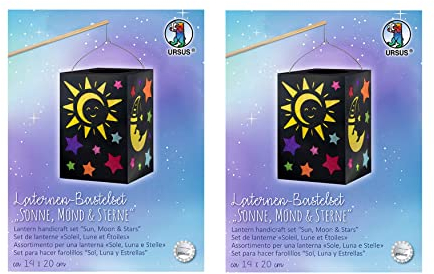 Ursus 2370099 - Laternen Bastelset Sonne, Mond & Sterne, ca. 14 x 20 cm, Set mit Rohling, Laternendeckel und -boden aus schwarzem Fotokarton, Trageb?gel und Bastelanleitung (2er Pack)