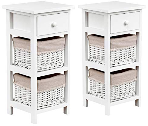 COSTWAY Nachttisch mit Schublade und 2 Aufbewahrungskörben, Beistelltisch Korbkommode, Schubladenregal für Schlafzimmer, Wohnzimmer 28x26x60cm (2 stücke, Weiß)