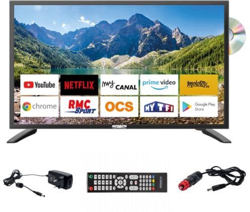 Antarion TV LED 21.5 54cm Smart Connect Lecteur DVD Intégré Androidtv 14.0 Camping-Car