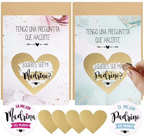 COLOFALLA 2pcs Quieres Ser Mi Madrina y Padrino + 2pcs Chapas La Mejor Madrina y Padrino con 2 Sobres Tarjeta Rasca Regalo Sorpresa