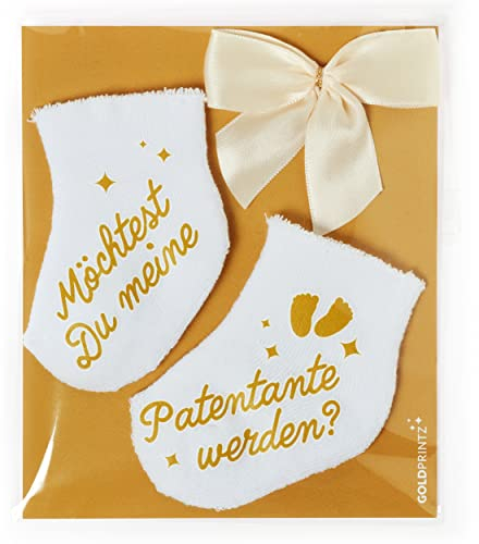 goldprintz Schwangerschaft verkünden Patentante - bedruckte Babysocken mit Postkarte zum Verschenken und Verschicken - möchtest du meine Patentante werden? Handarbeit aus Deutschland