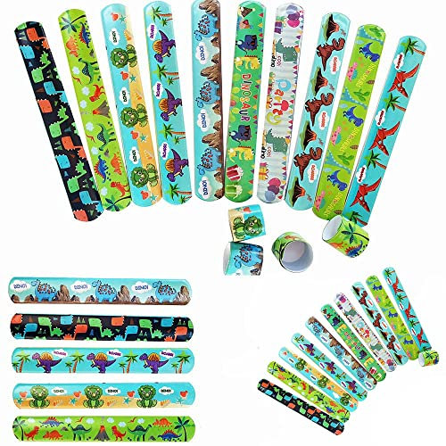 AukCherie, 10 Uds., pulseras Slap, pulseras de cumpleaños para fiesta de dinosaurios, bandas a presión para fiesta de niños, recuerdo de fiesta de cumpleaños, regalo de dinosaurio (Dinosaurio)