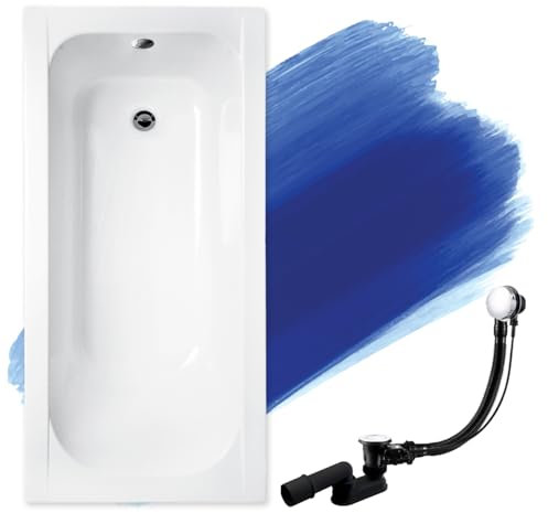 BADLAND Badewanne Original Weiß Acryl Wanne Rechteck CONTINEA 150x70 KOMPLETTSET SET + Füßen und Exklusive Chrom Automatik Ablaufgarnitur Made in EU 3in1