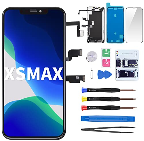 Für iPhone Xs Max Bildschirm Ersatz mit Front-Lautsprecher Näherungssensor 6.5 Zoll Kit, XSMAX LCD-Display Digitizer 3D Touch Vollmontage mit Reparatur-Set, Glasfix-Werkzeuge für A1921, A2102, A2104