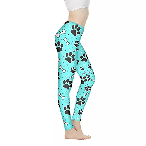 Biyejit Blue Dog Paw Print High Waisted Leggings for Women Stretchy Tummy Control Leggings Gym Workout Yoga Pantss