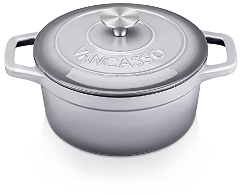 vancasso Gusseisen Topf Brot Backen, 2L /Ø 20cm Gusseisen Bräter mit Deckel, Emaillie Schmortopf Induktion, Kasserolle, Gussbräter für Alle Herdarten und Induktion Geeignet, Rund, Grau