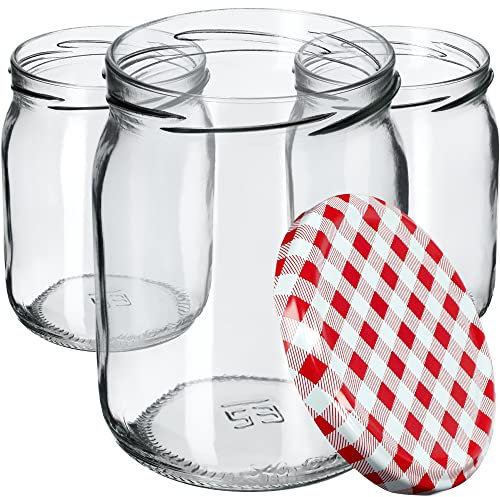 KADAX 24st Einmachgläser 540ml mit Schraubdeckel fi82 mm für Einlegen, Einmachen, Konservieren und Mahlzeitenvorbereitung - Luftdichte Twist-off Gläser (Rot kariert, 24 St.)