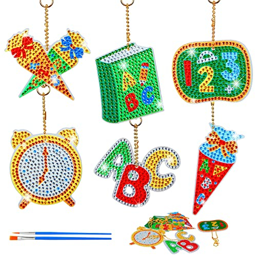 WEDNOK 6 Stück Einschulung Diamond Painting Kinder Schulanfang 5D Diamant Malerei Anhänger Schulbeginn Basteln Kinder Schlüsselanhänger Bastelset für Schulkind Schultaschen Schuleinführung