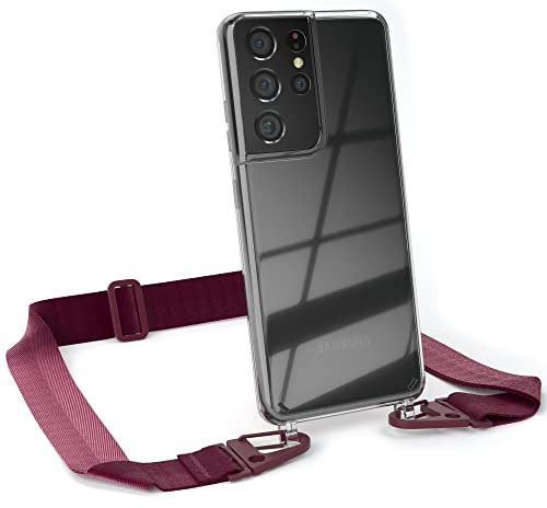 EAZY CASE - Hülle mit Band kompatibel mit Galaxy S21 Ultra 5G Handyhülle mit Umhängeband Silikonhülle Transparent Schutzhülle Handykette zum Umhängen Handykordel Smartphone in Beere - Clips Beere