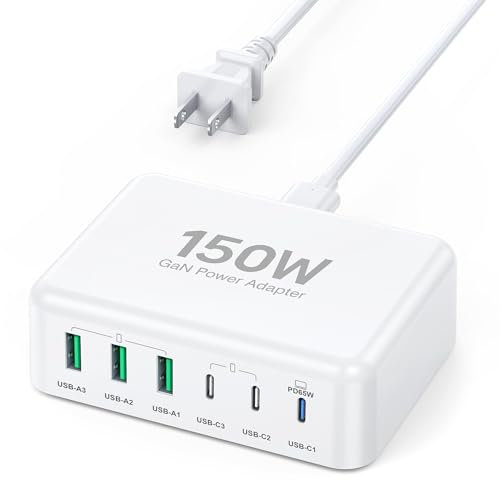 USB C Fast Charger, 150W 6 Port Desktop PD GaN Fast Charger Charging Station Block 65W USB C Laptop Power Adapter for MacBook Pro/Air iPad iPhone 17 16 15 14 13 Pro Max Galaxy S24 Note 20 Pixel