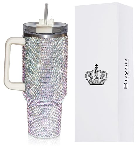 Buyso Glitzernder Becher mit Griff, Strasssteine, Becher mit Deckel und Strohhalm, isoliert, Edelstahl, doppelwandig, Wasserbecher, Reisebecher für Damen, 1,2 l, glänzend, 1,2 l