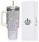 Buyso Glitzernder Becher mit Griff, Strasssteine, Becher mit Deckel und Strohhalm, isoliert, Edelstahl, doppelwandig, Wasserbecher, Reisebecher für Damen, 1,2 l, glänzend, 1,2 l