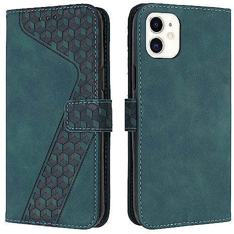 TOHULLE for iPhone 12 Mini Case, Premium PU Leather Wallet Case Card Holder Kickstand Magnetic Closure Plaid Pattern Embossed Design Shockproof Flip Folio Case Cover for iPhone 12 Mini - Green