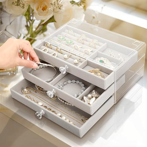 coobest Acryl-Schmuckschatulle, Schmuckhalter mit 3 Schubladen, Schmuckkästchen und Organizer mit Samt-Ohrring-Organizer, Schmuckschatullen für Frauen, transparente Schmuck-Organizer-Box für