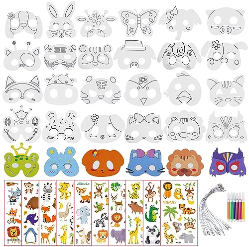 34Stück Masken zum Ausmalen Kinder Masken zum Bemalen Kinder Masken Basteln Kinder Papier Kinder Tier Maske Set mit Kinder Tier Tattoo Aufkleber für Dschungelparty Allerheiligen Verkleidungsparty