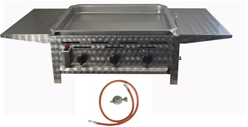 BSR-Grillen 3-flammiger Profi Gasgrill aus Edelstahl, stufenlos regelbar, Gasbräter, Gastrogrill, Gastrobräter mit Gasschlauch und Druckminderer (Gasgrill 13,5 KW | Emaillie-Pfanne | Seitenablagen)