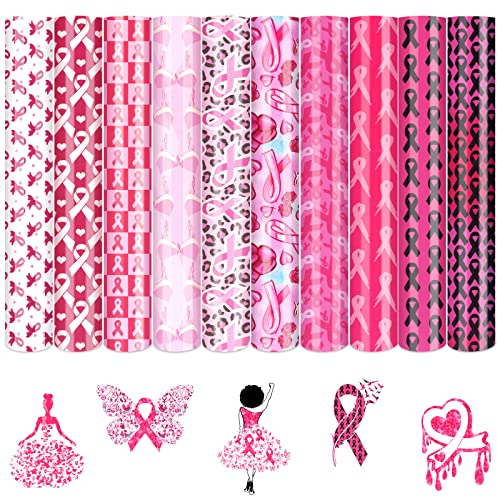 Tintnut Pink Ribbon HTV Heat Transfer Vinyl - 10 Sheets 12 x 10 Breast Cancer Awareness Iron on Vinyl for T-Shirts and Handbags Ribbon Patterned HTV Vinyl