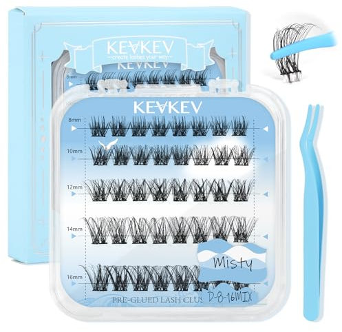 KevKev Self Adhesive Eyelashes 40pcs Pre Glued Individual Eyelashes No Glue Needed Self Adhesive Lashes Cluster Natural Look with Tweezers DIY Eyelash Extension Kit for Beginners (Misty, D-8-16mm)