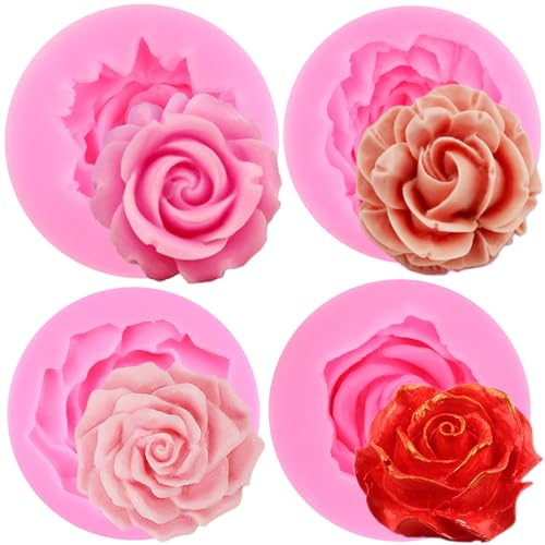 RFGHAC Set di 4 Stampi in Silicone a Forma di Fiore di Rosa 3D per Decorare Torte, Cupcake e Pasta di Zucchero