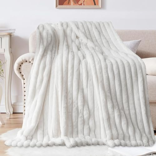 Kuscheldecke Kaninchen Plüsch Decke Super Soft Wohndecke Dick 540 G/M² Flanell Decke Couchdecke Warme Überwurfdecke Sofadecke Vielseitig Blanket Für Bett Sofa Schlafzimmer Büro Weiß 160 x 200cm