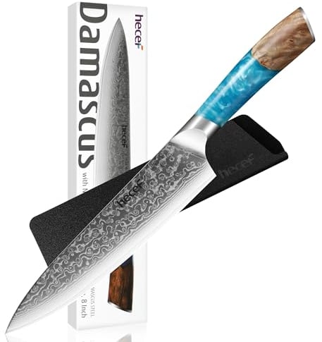 hecef Professional Japanese Chef Knife - Ultra Sharp Damascus Steel, Stylish Blue Resin Handle and Protective ABS Sheath