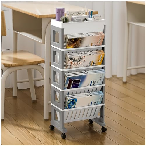 NUODWELL Mobile Bookshelf with Wheels, Removable Plastic Storage Organizer Kids Bookshelf, Large Capacity Magazine Rack Book Cart Rolling Cart for Office, Dorm, Classroom